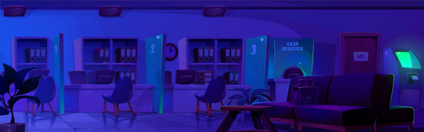 银行内部在夜间-卡通矢量办公室图片下载