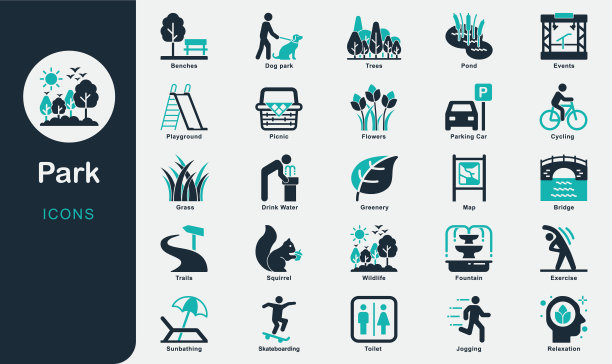 公园固体图标集合。绿色植物，野餐，游乐场，小径，野生动物，喷泉，长凳，娱乐，慢跑，放松，树木，鲜花，自行车，池塘，滑板，日光浴，狗公园图片下载