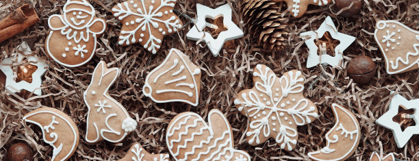 素食姜饼饼干。圣诞装饰食品。手工制作的甜点。前视图。高品质全景照片图片下载