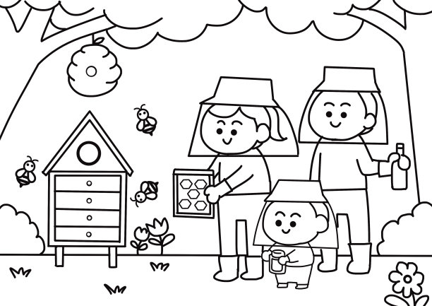 家庭在蜜蜂农场着色页。图片下载