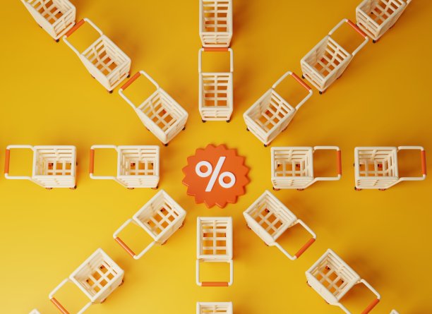 增强您的在线购物体验与我们的现代3D购物车和折扣标签出售。3D渲染图片下载