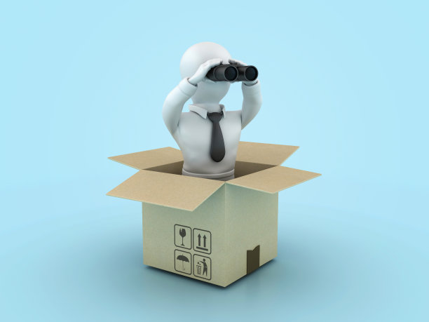 卡通商人用双筒望远镜在纸板箱上图片下载