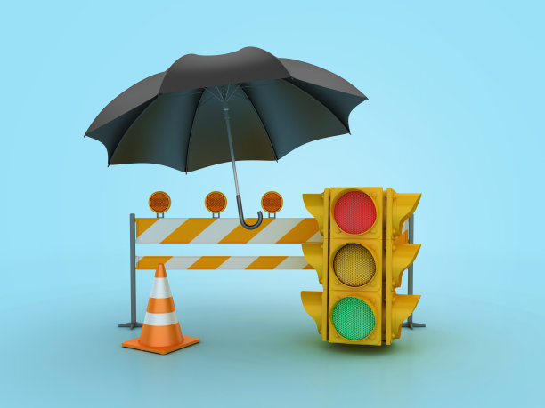 3D交通灯路障和伞图片下载