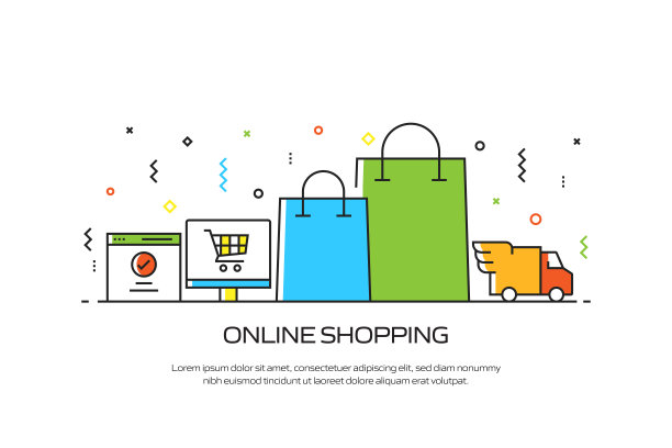 电子商务，网上购物，数字营销相关的现代线条风格插图图片下载