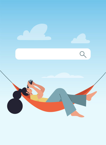 年轻女子在搜索栏用双筒望远镜看。女孩躺在吊床上。平面风格的卡通矢量插图。图片下载