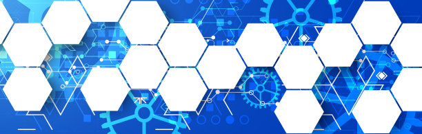 齿轮技术模式上的蓝色梯度背景与六边形。手绘向量。图片下载