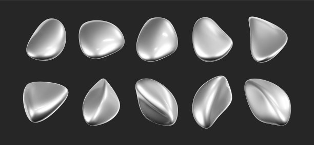 3d铬液体形状，设置金属流体气泡隔离在黑色背景上。渲染3d抽象，未来主义的金属斑点与梯度铬反射效果。三维矢量几何图解图片下载