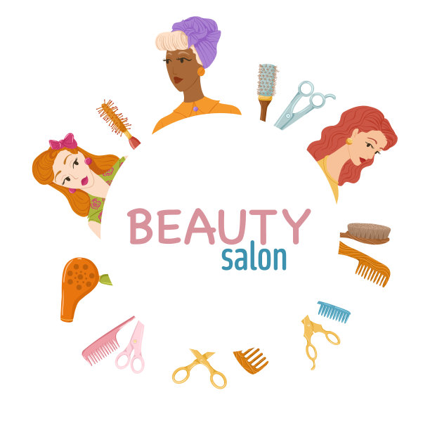 矢量圆框架与复古卡通美发项目的美容院图片下载