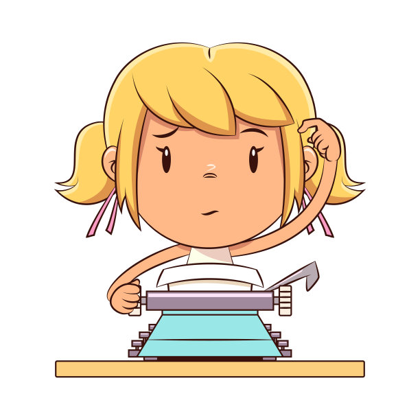 女孩在打字机上写字，困惑，挠头，思考图片下载