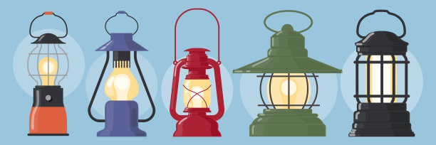 一套美丽的老式油灯，煤油灯在卡通风格。矢量插图的古董彩色油灯的不同类型和形状的房间照明孤立在一个蓝色的背景。图片下载