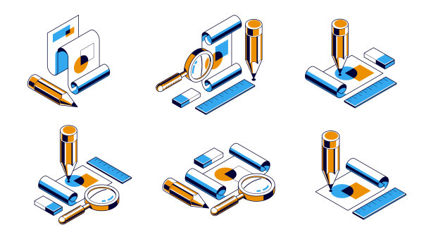 工程项目概念集，纸文档图纸与铅笔工程师工作矢量三维等距插图，抽象平面图，cad方案图标。图片下载