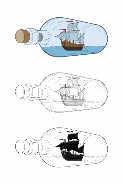 船在瓶中，五颜六色的微型帆船图片下载