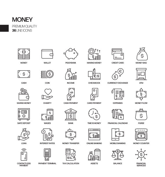 简单的金钱相关的矢量线图标。大纲符号集合图片下载