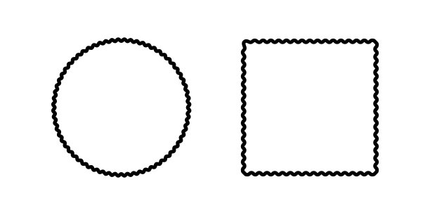 圆形和方形框架与波浪形边缘。有曲线边界的圆形和矩形形状。空白的褶边文本框、标签或标签孤立在白色背景上。矢量图解图片下载