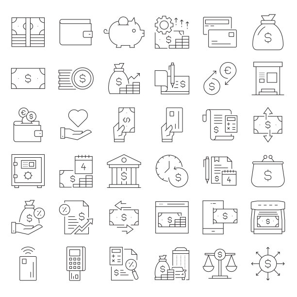 简单的金钱相关的矢量线图标。大纲符号集合。可编辑的中风图片下载