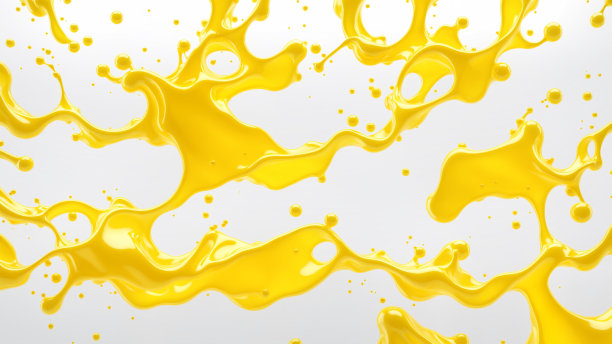 特写黄色果汁液体溅在白色背景上，创造出动态的、抽象的图案。三维渲染图片下载