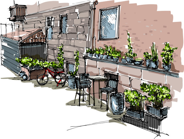 一条舒适的小巷，有盆栽，一张桌子和一辆自行车。手绘草图，不是人工智能图片下载