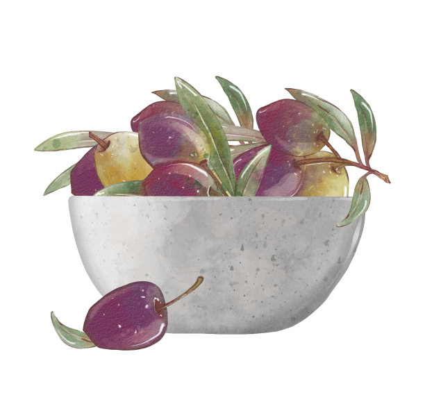 陶瓷碗与绿色和黑色橄榄，孤立在白色背景。水彩手绘插图在现实主义的风格。图片下载