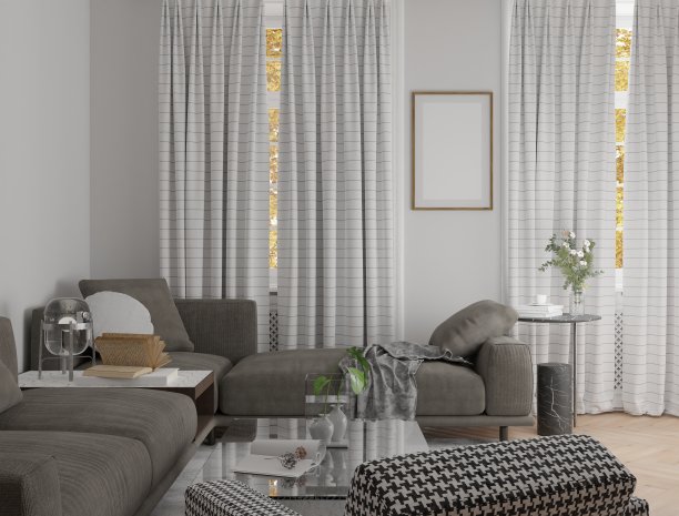 室内空画实景海报木框客厅室内现代风格垂直木地板插图中有一张沙发3d渲染。图片下载