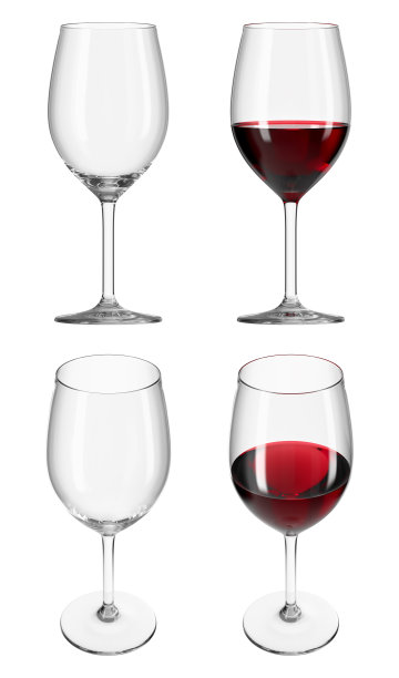 玻璃与红酒在白色孤立的背景。一组空杯子和不同角度的饮料。3 d渲染。图片下载
