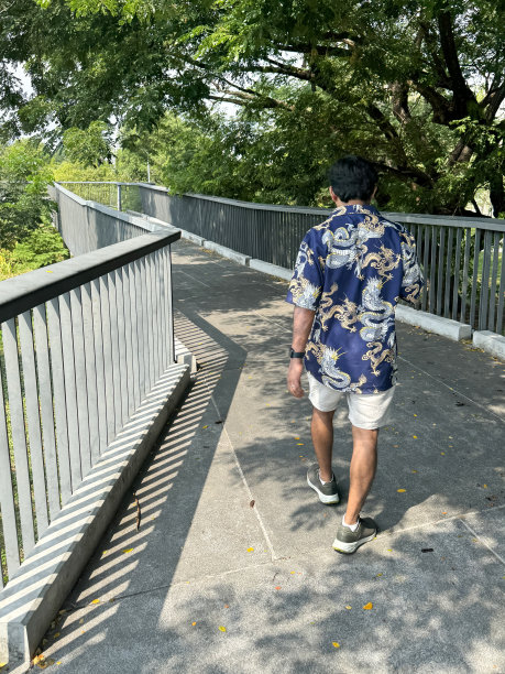 泰国曼谷Khlong Toei区Benjakitti公园，一名印度男子穿着休闲夏装走过天桥的特写照片，高架人行道金属护栏和栏杆，后视图，重点在前景图片下载