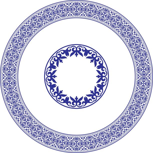 矢量蓝色亚细亚民族圆形框架，中间有一个图案。亚洲点缀着亚洲的游牧民族、大草原、哈萨克人、吉尔吉斯人、卡尔梅克人、蒙古人、布里亚特人、土库曼人。图片下载