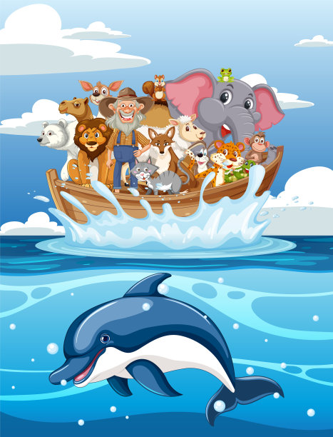 动物们和海豚在一艘船上图片下载