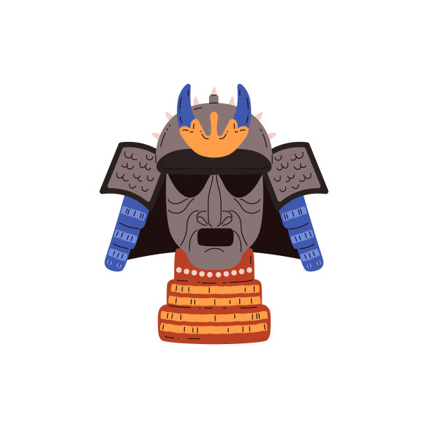 矢量插图的武士:详细的面具与深皱纹，传统的装甲元素图片下载