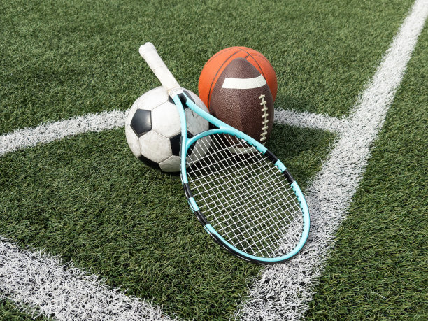 绿茵茵的草地上有许多不同的运动球，空间为文字图片下载