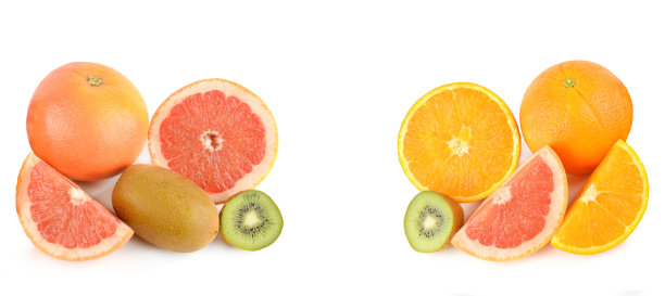 猕猴桃、葡萄柚和橙类水果在白色上分离。拼贴画。文本的自由空间。宽的照片。图片下载