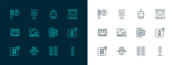 设置线路售票处购票，路线位置，在线预订，破碎或破裂的铁路，高速列车，手提箱，咖啡馆和餐厅和铁路交叉图标。向量图片下载