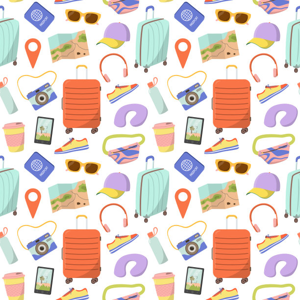 无缝图案与旅游配件。白色背景上的平面矢量插图。图片下载
