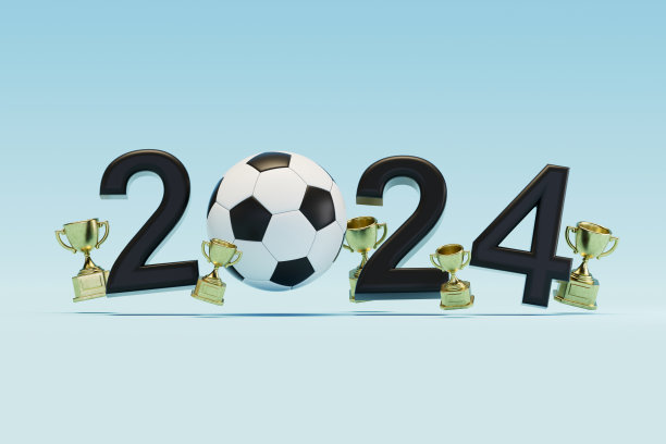 2024年，蓝色背景的足球和奖杯图片下载