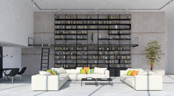 现代明亮的室内空间3D渲染插图图片下载