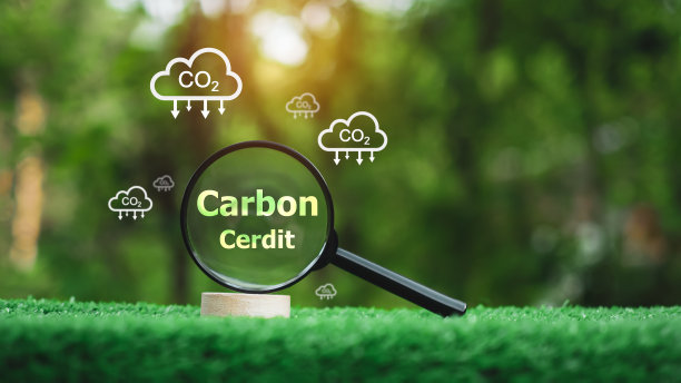 一个放大镜放在绿色的草地上，上面有一个碳信用标志，标志被云包围，放大镜放在一个小木块上。图片下载