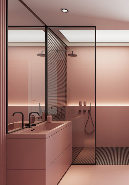 现代简约斯堪的纳维亚浴室，红色哑光饰面和大瓷砖图片下载