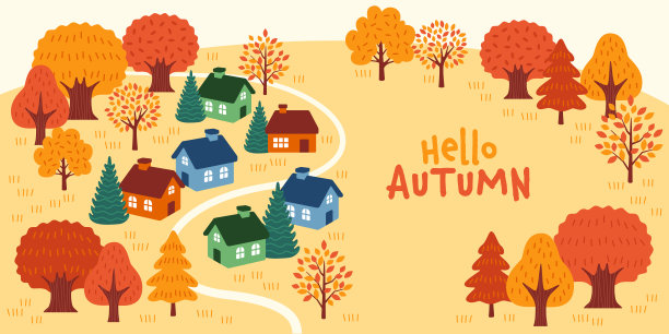 秋天的场景:可爱的房子和秋天的树叶背景图片下载