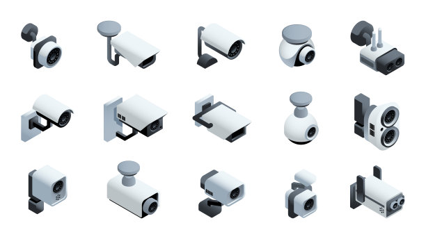 一套等距安全摄像头。图标与不同的闭路电视或监控摄像头的财产保护。视频监控和观察。三维真实感矢量插图图片下载