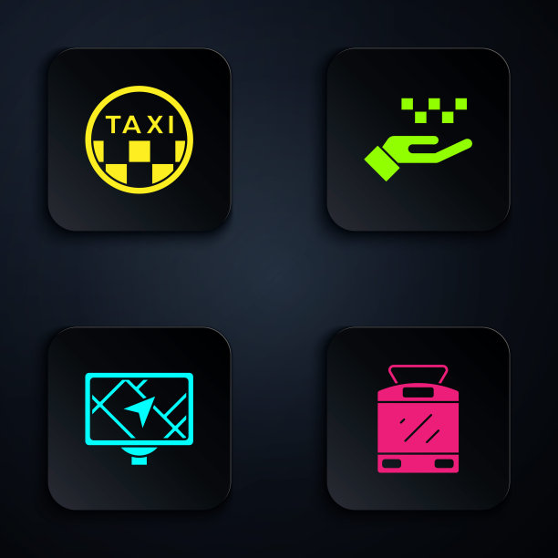 设置有轨电车和铁路，出租车车顶，带地图的Gps设备和手动出租车。黑色方形按钮。向量图片下载