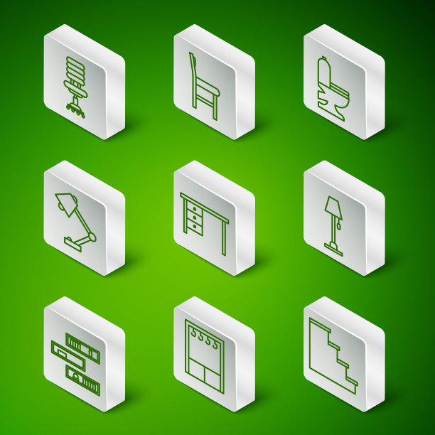 集线楼梯，衣柜，办公椅，书桌，台灯，椅子，书架与书籍和地板图标。向量图片下载