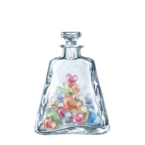 透明玻璃瓶与珍珠多色心。水彩插画爱情药水情人节，婚礼，室内装饰，芳香油芳香疗法，酒精，炼金术，烹饪图片下载