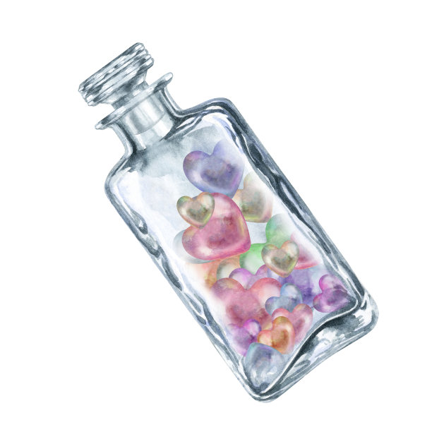 透明玻璃瓶与珍珠多色心。水彩插画爱情药水情人节，婚礼，室内装饰，芳香油芳香疗法，酒精，炼金术，烹饪图片下载