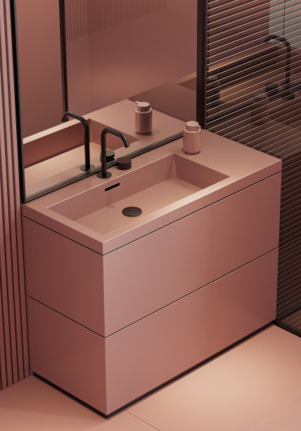 现代简约斯堪的纳维亚浴室，红色哑光饰面和大瓷砖图片下载