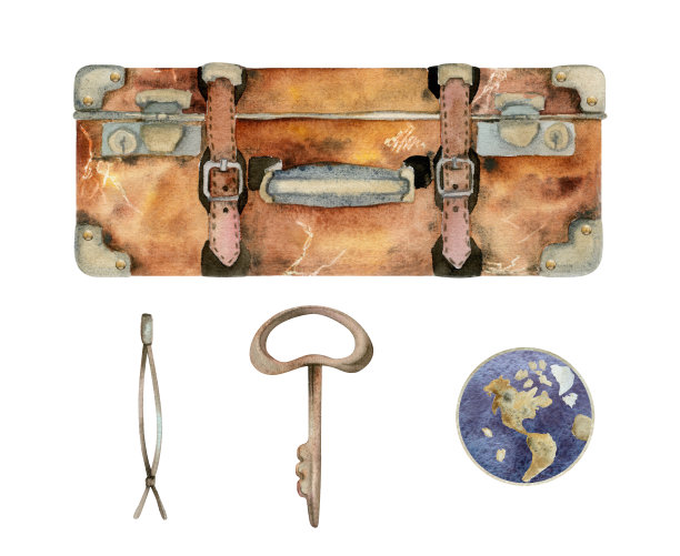 复古复古的行李箱与贴纸和别针，行李行李图标键。孤立物体的水彩手绘艺术。设计旅游、旅游、宣传册、婚庆、导游、印刷、名片、纹身。图片下载