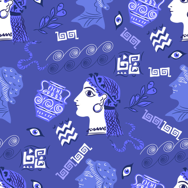 现代手绘无缝图案在卡通古希腊风格图片下载