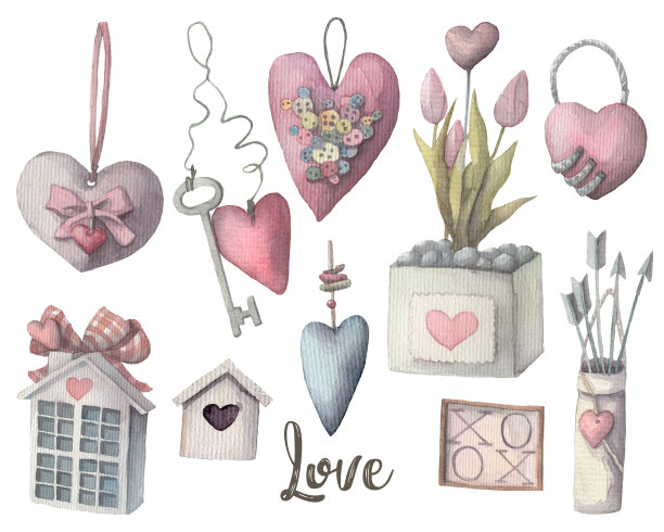 复古风格的一套手绘心。木制心形，金属和织物心形-婚礼或节日装饰，剪贴簿可爱的元素。所有的剪贴画被隔离在白色上图片下载