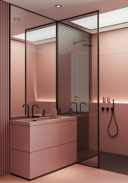 现代简约斯堪的纳维亚浴室，红色哑光饰面和大瓷砖图片下载