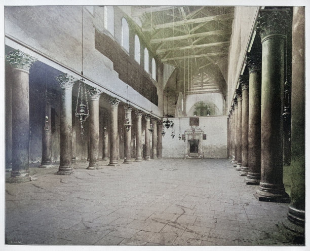 圣诞教堂入口，伯利恒，历史圣地，19世纪90年代，19世纪，复古照片图片下载