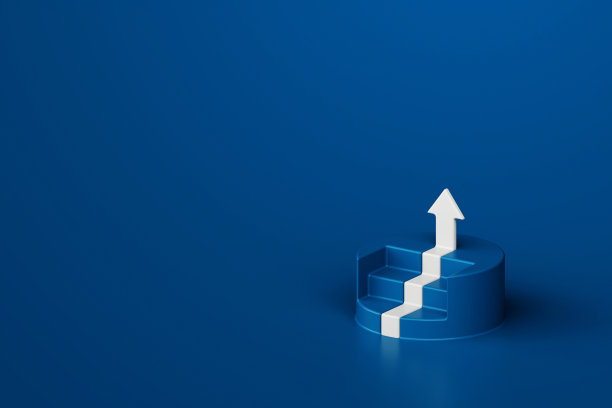 白色箭头带台阶从圆形平台上升，象征成长，进步，理想的商业，3d渲染图片下载