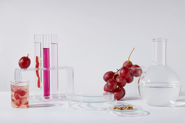 实验室中的葡萄主题照片为天然原产地产品宣传，其中含有葡萄籽提取物成分。一个空的玻璃平台放在葡萄串和一些实验室工具旁边，里面有液体图片下载